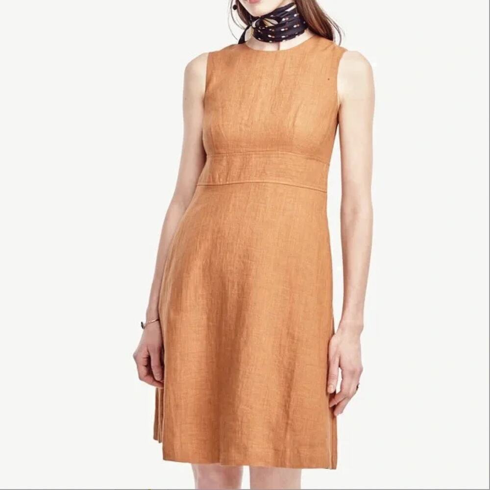 Ann Taylor Linen Sleeveless Sheath Dress with Pockets in Tan, Size 6